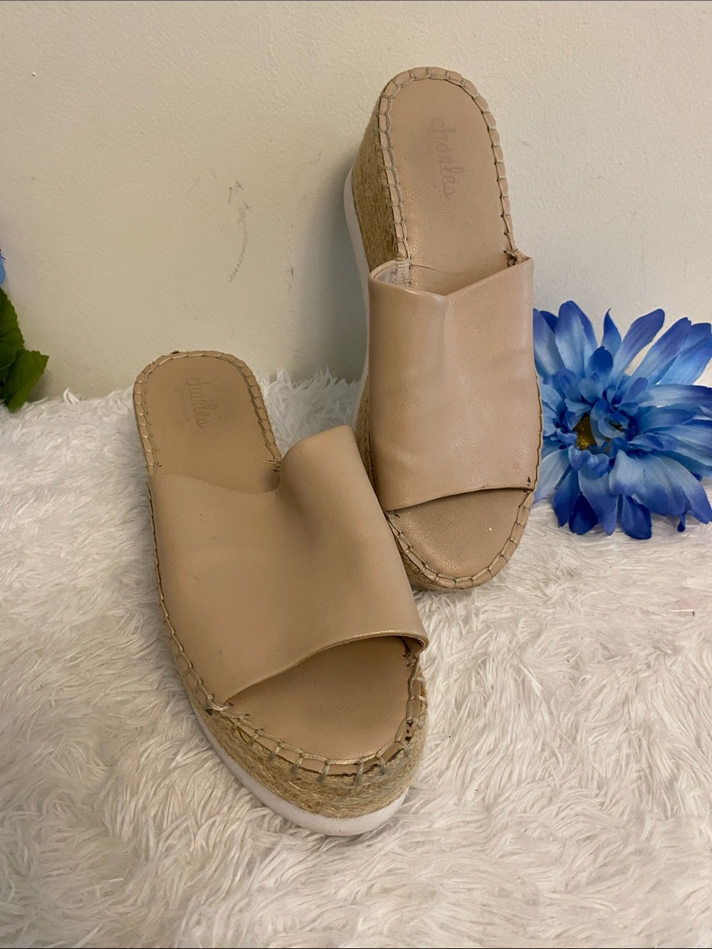 Charles David Nude Leather Espadrille Slide Wedges
